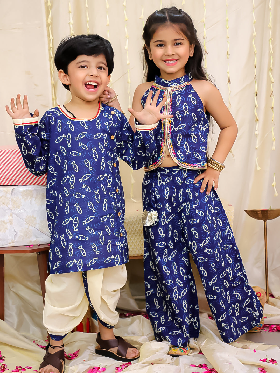 KID1 Jaltarang Top Palazzo Set For Girls With Jaltarang Kurta Dhoti Set For Boys - Navy Blue