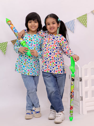 Cotton Polka Dot Printed Unisex Kurta - Blue