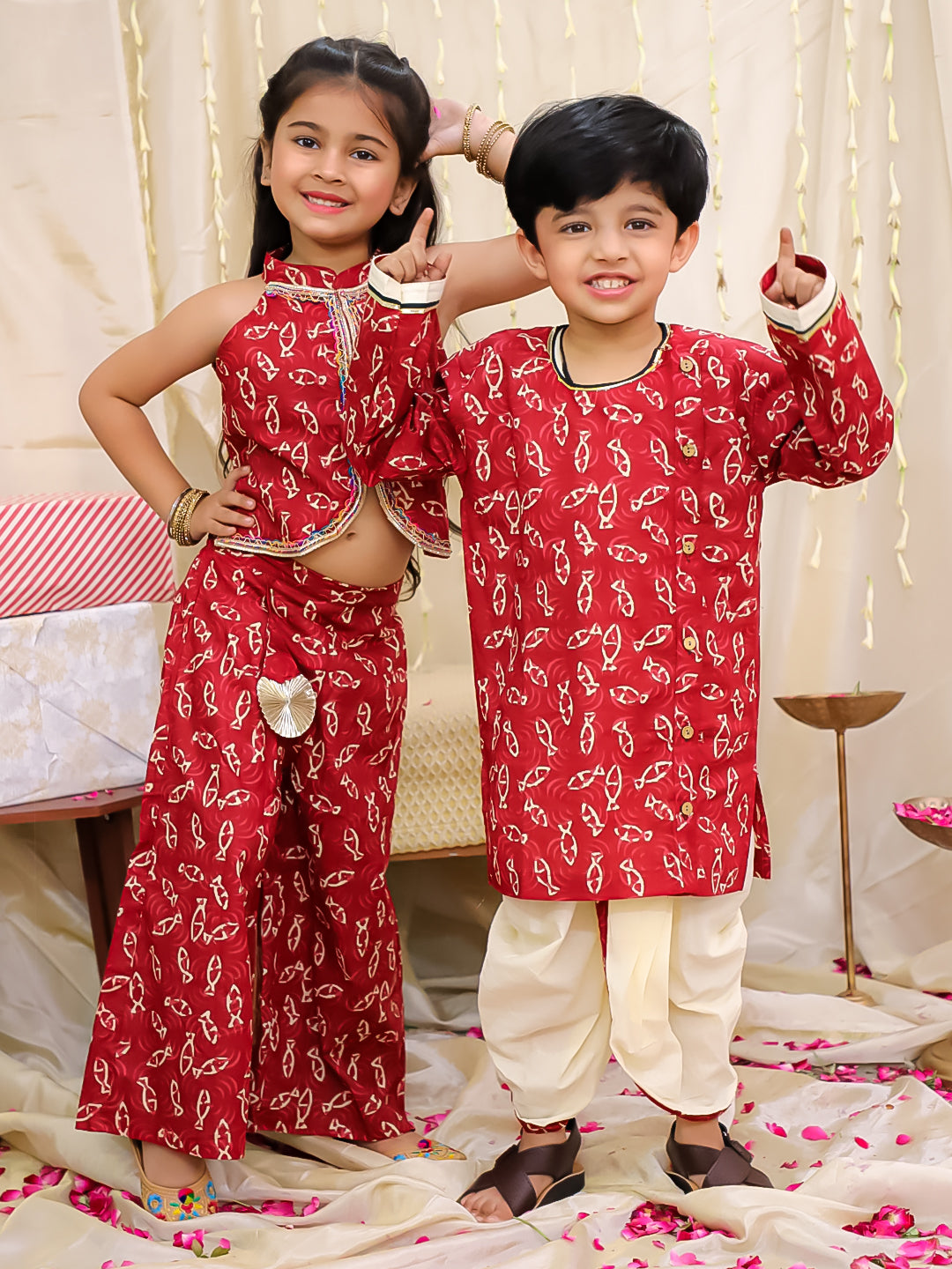 KID1 Jaltarang Top Palazzo Set For Girls With Jaltarang Kurta Dhoti Set For Boys - Maroon