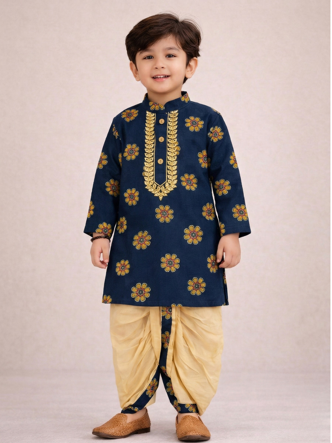 Kid One Full Sleeves Mirror Work Cotton Embroidered Kurta With Dhoti For Boys Blue