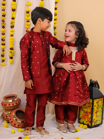 KID1 Bindu Anarkali Pant Set For Girls With Zari Weave Jacket With Silk Kurta Pyjama For Boys - Maroon