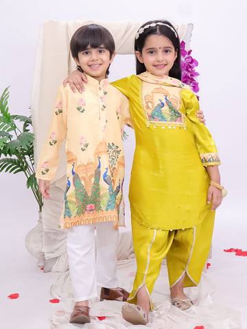 Kid One Peacock Printed Kurti Dhoti & Dupatta Set With Printed Kurta & Pyjama Set - Green & Yellow