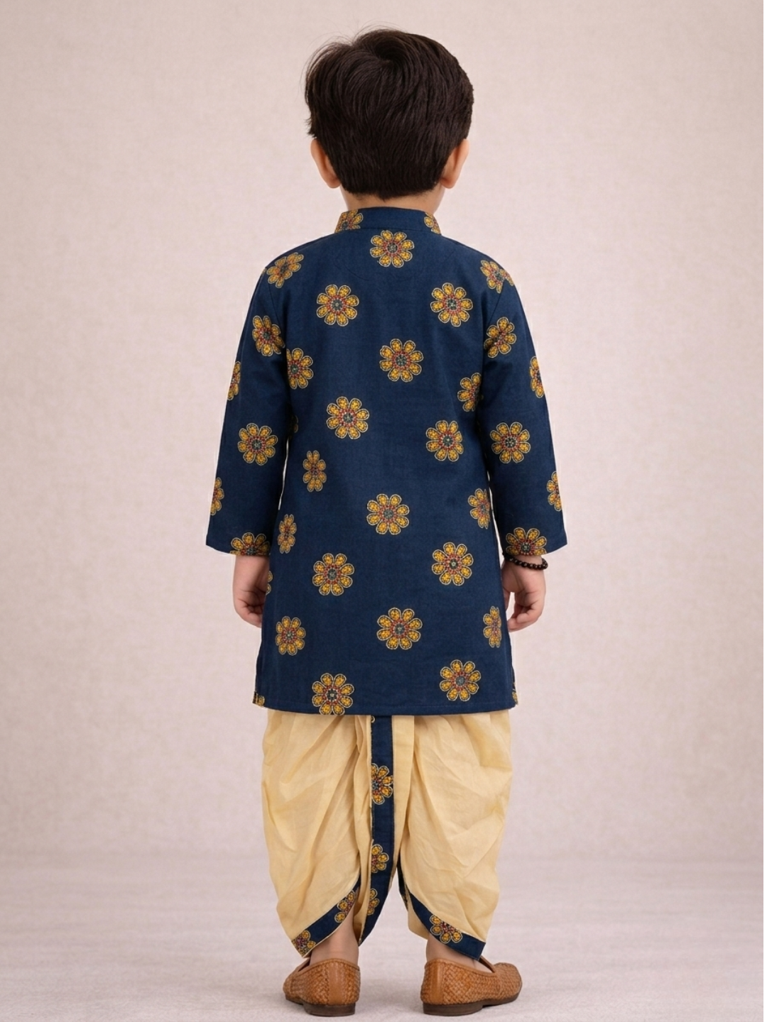 Kid One Full Sleeves Mirror Work Cotton Embroidered Kurta With Dhoti For Boys Blue