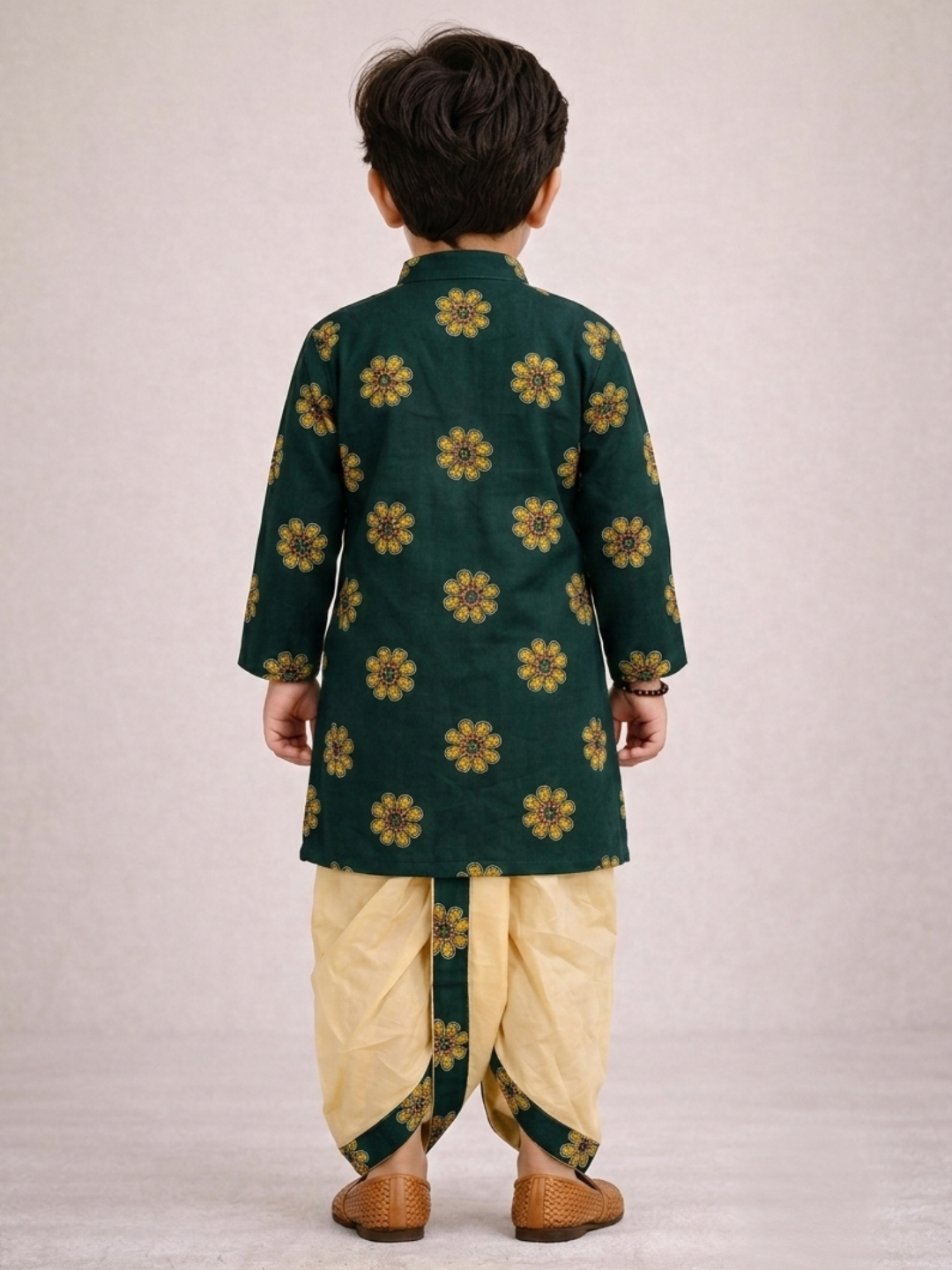 Kid One Full Sleeves Mirror Work Cotton Embroidered Kurta With Dhoti For Boys Green