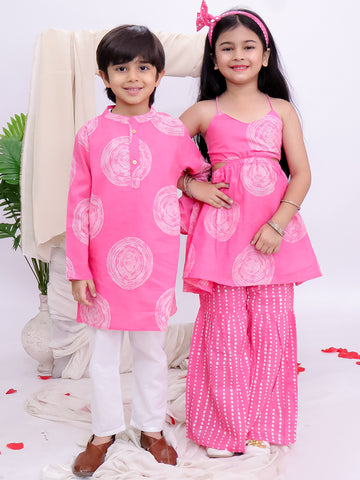 Kid One Kurta Sharara & Headband Set For Girls With Kurta Pyjama Set For Boys Pink