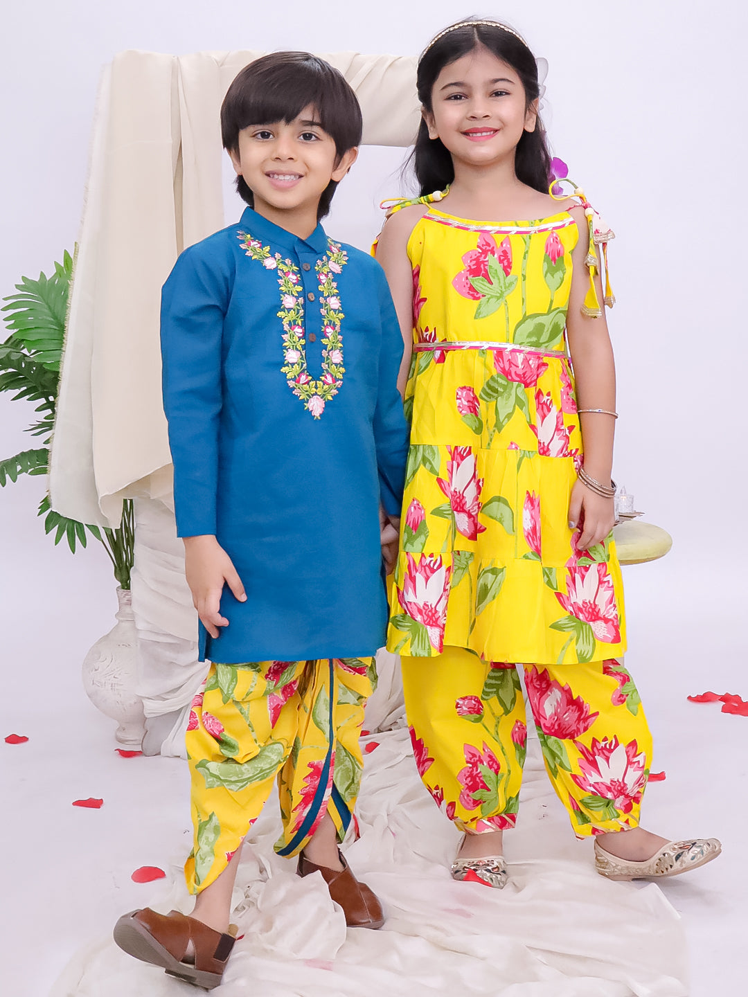 Kid One Floral Peplum Top With Afghani Salwar Set For Girls With Embroidered Kurta With Dhoti Set For Boys Yellow & Blue