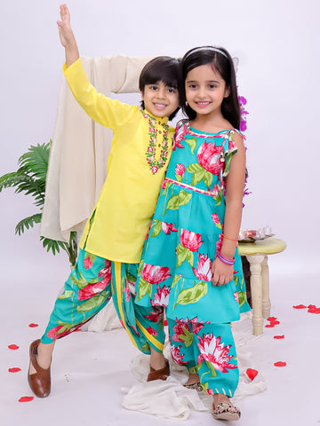Kid One Floral Peplum Top With Afghani Salwar Set For Girls With Embroidered Kurta With Dhoti Set For Boys - Turquoise & Yellow