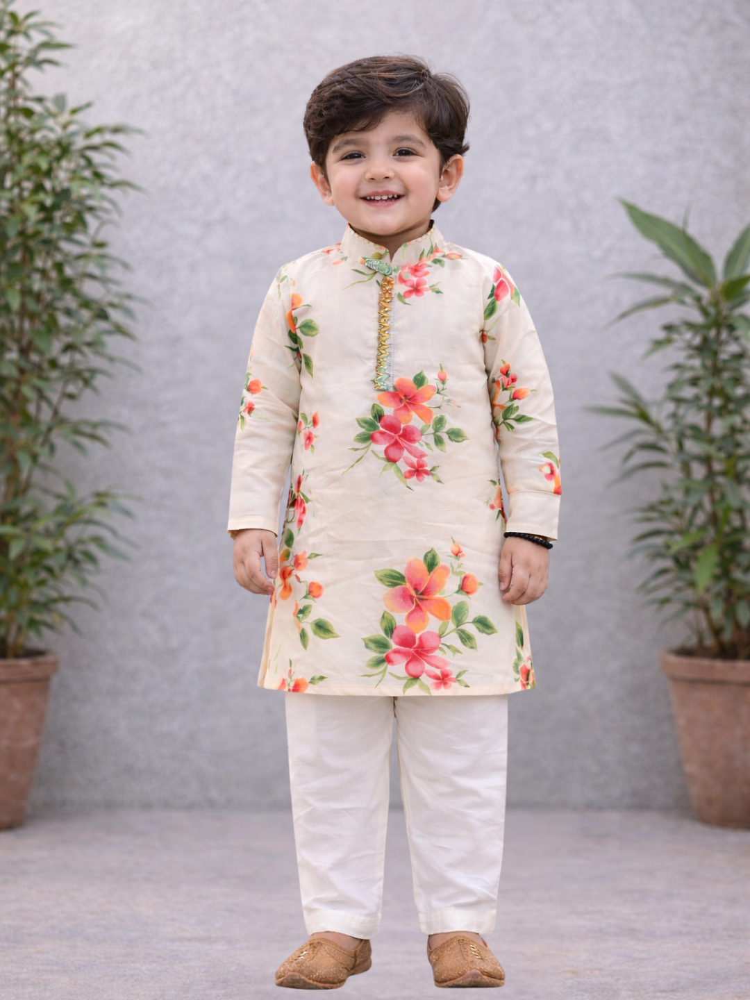 Kid One Full Sleeves Floral Printed Cotton Kurta Pyjama Set For Boys Offwhite