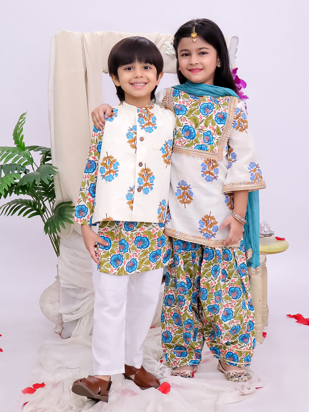 Kid One Floral Printed Kurti Salwar And Dupatta Set With Printed Kurta Pyjama And Jacket Set - Blue