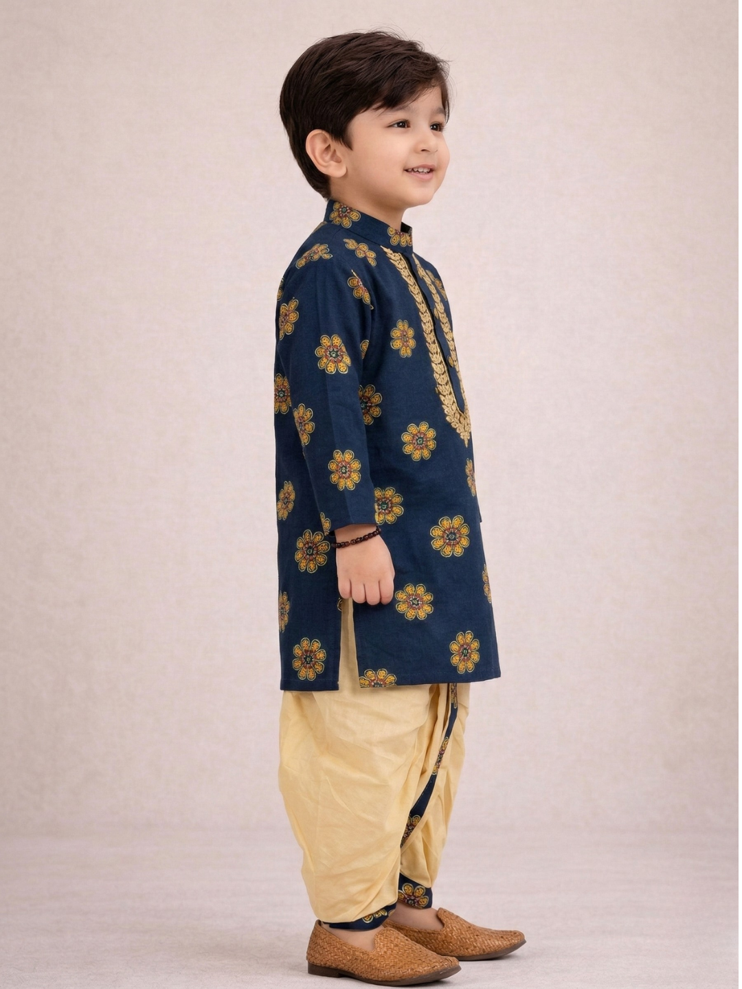 Kid One Full Sleeves Mirror Work Cotton Embroidered Kurta With Dhoti For Boys Blue