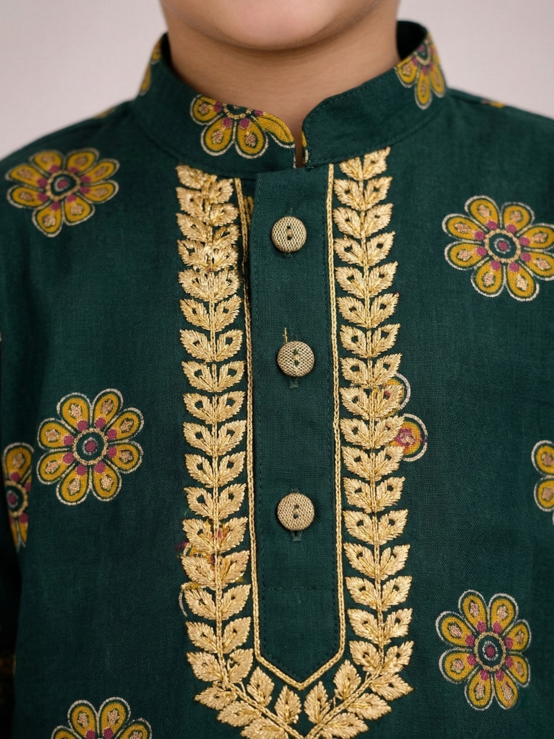 Kid One Full Sleeves Mirror Work Cotton Embroidered Kurta With Dhoti For Boys Green