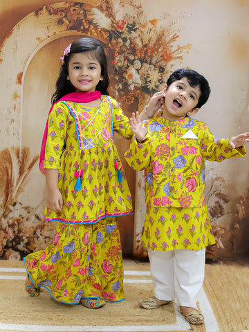 KID1 Buti-Jaal Kurti Sharara Set For Girls With Asmi Jacket Kurta Pyjama Set For Boys - Yellow