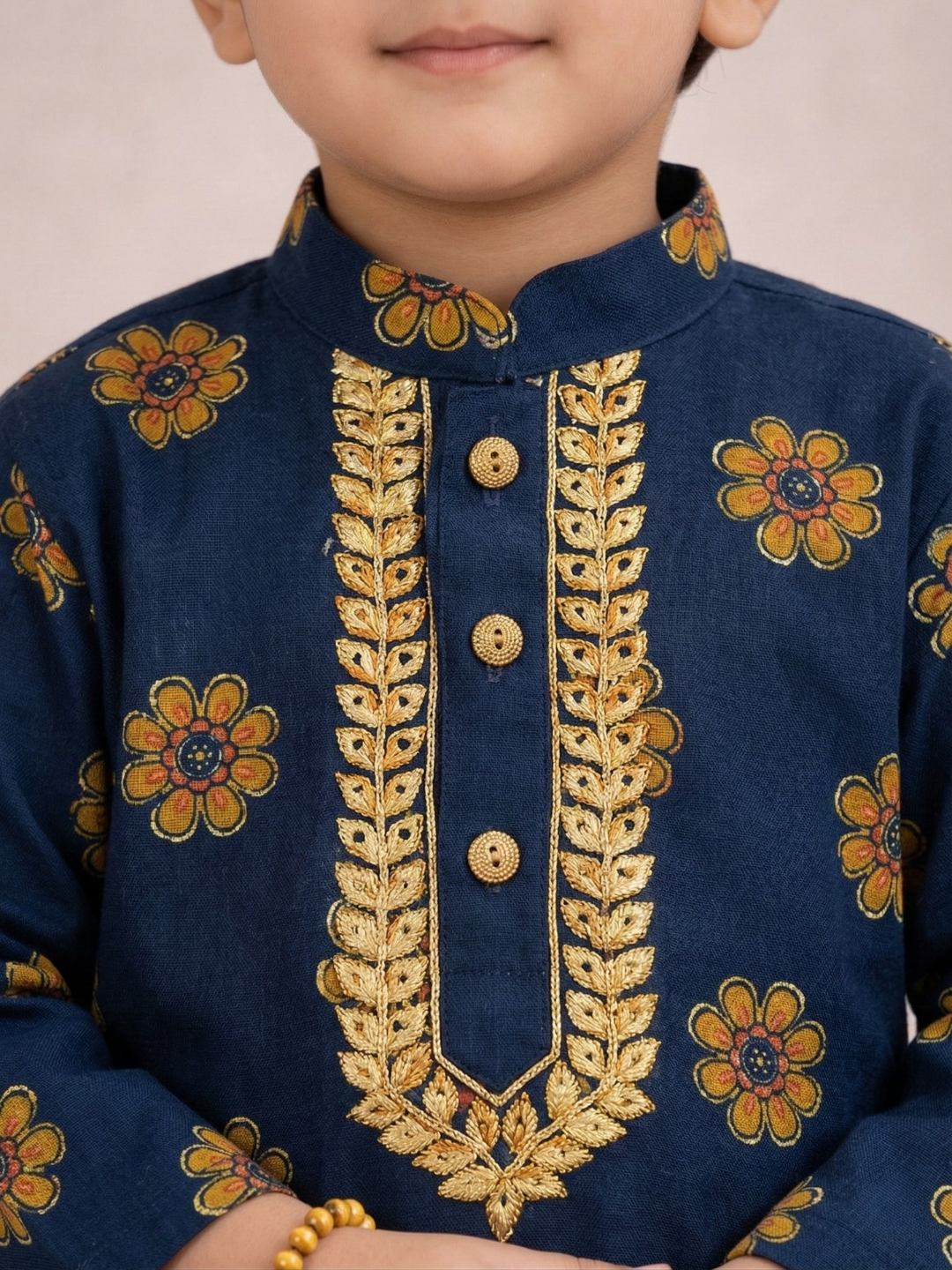 Kid One Full Sleeves Mirror Work Cotton Embroidered Kurta With Dhoti For Boys Blue
