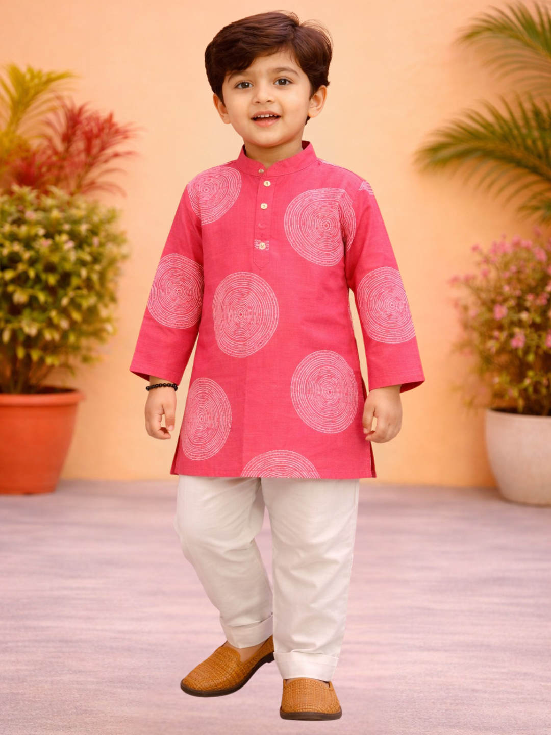 Kid One Full Sleeves Printed Cotton Kurta Pyjama Set For Boys Pink