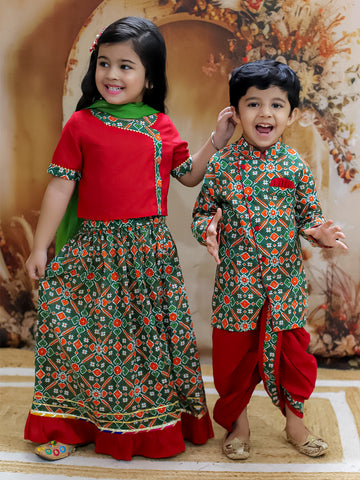 KID1 Pari Patola Lehenga Choli For Girls With Prince Patola Kurta Dhoti For Boys - Red & Green