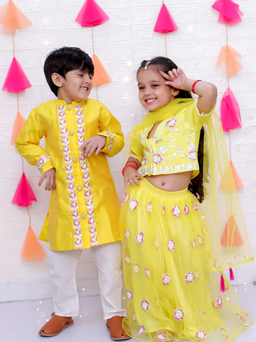 KID1 Rose Bliss Lehenga Choli For Girls With Rose Bliss Sherwani Set For Boys - Yellow