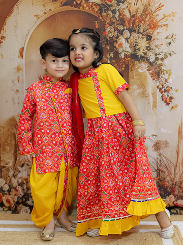 KID1 Pari Patola Lehenga Choli For Girls With Prince Patola Kurta Dhoti For Boys - Red & Yellow