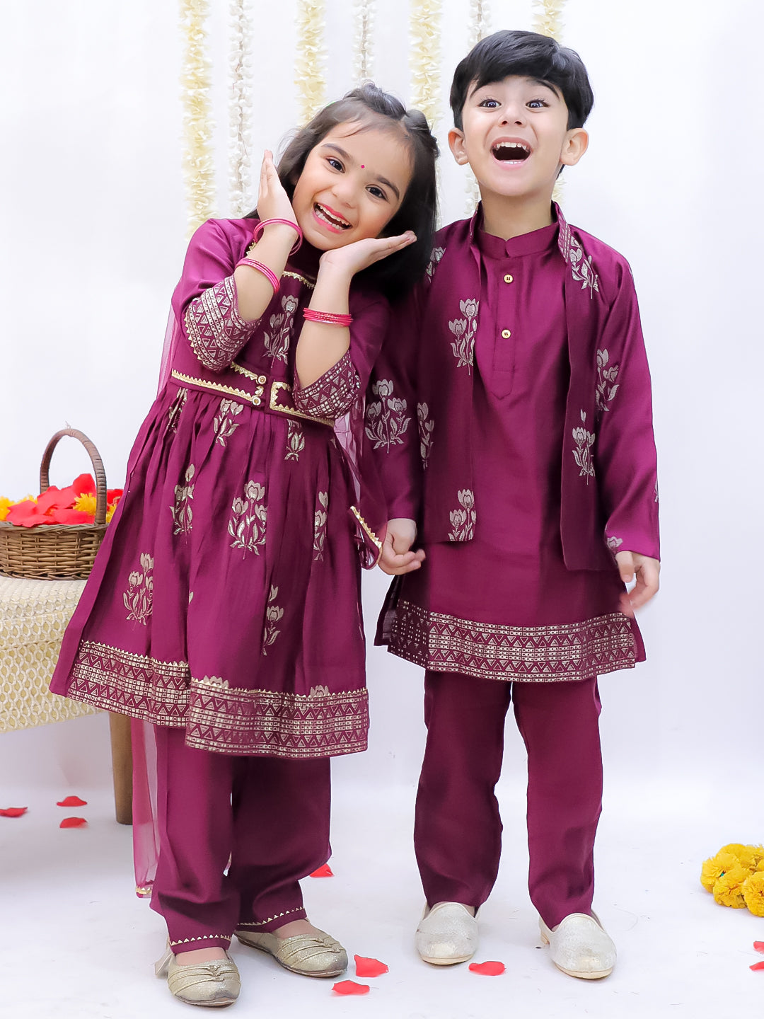 Kid One Block Print Anarkali Pant With Dupatta For Girls With Block Print Kurta Pyjama With Jacket Set For Boys Wine