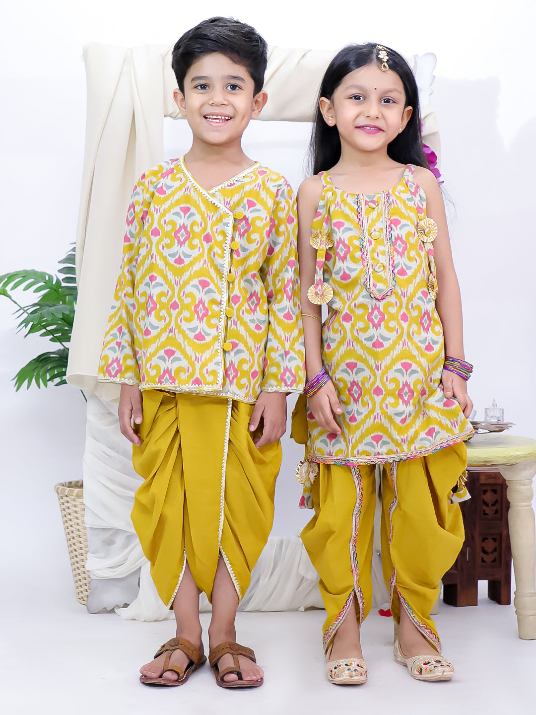 Kid One Cotton Kurti With Dhoti Set For Girls With Printed Kurta Dhoti Set For Boys Yellow
