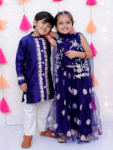 KID1 Rose Bliss Lehenga Choli For Girls With Rose Bliss Sherwani Set For Boys - Navy Blue