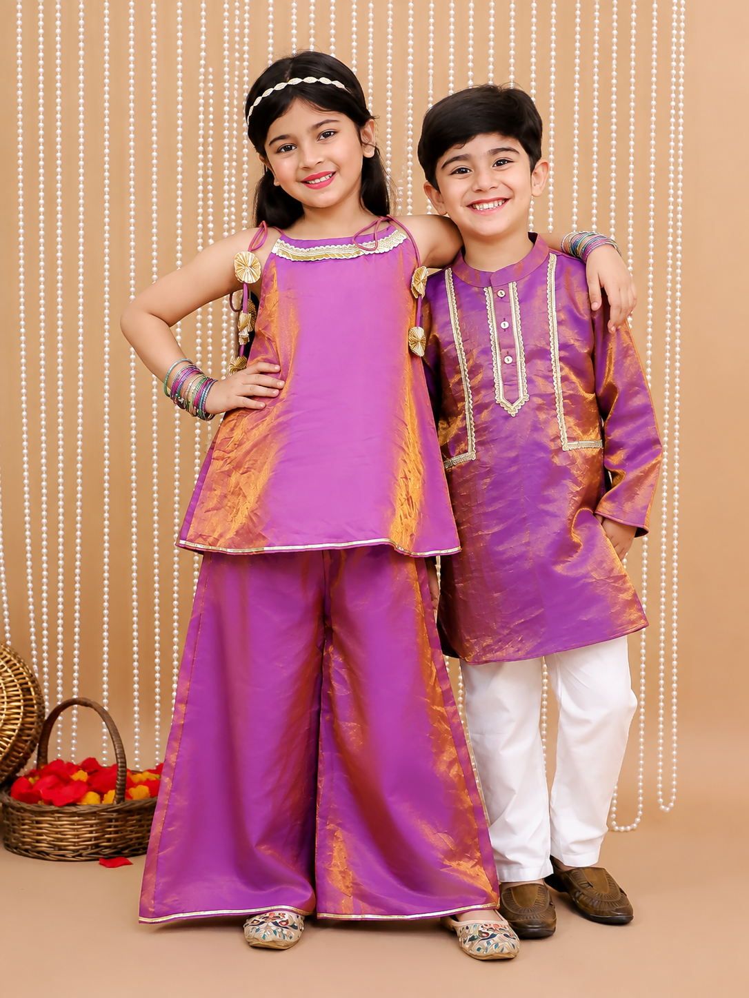 Kid One Royal Silk Anya Top Palazzo Fusion Set For Girls With Elegant Kurta Pyjama Set For Boys Purple