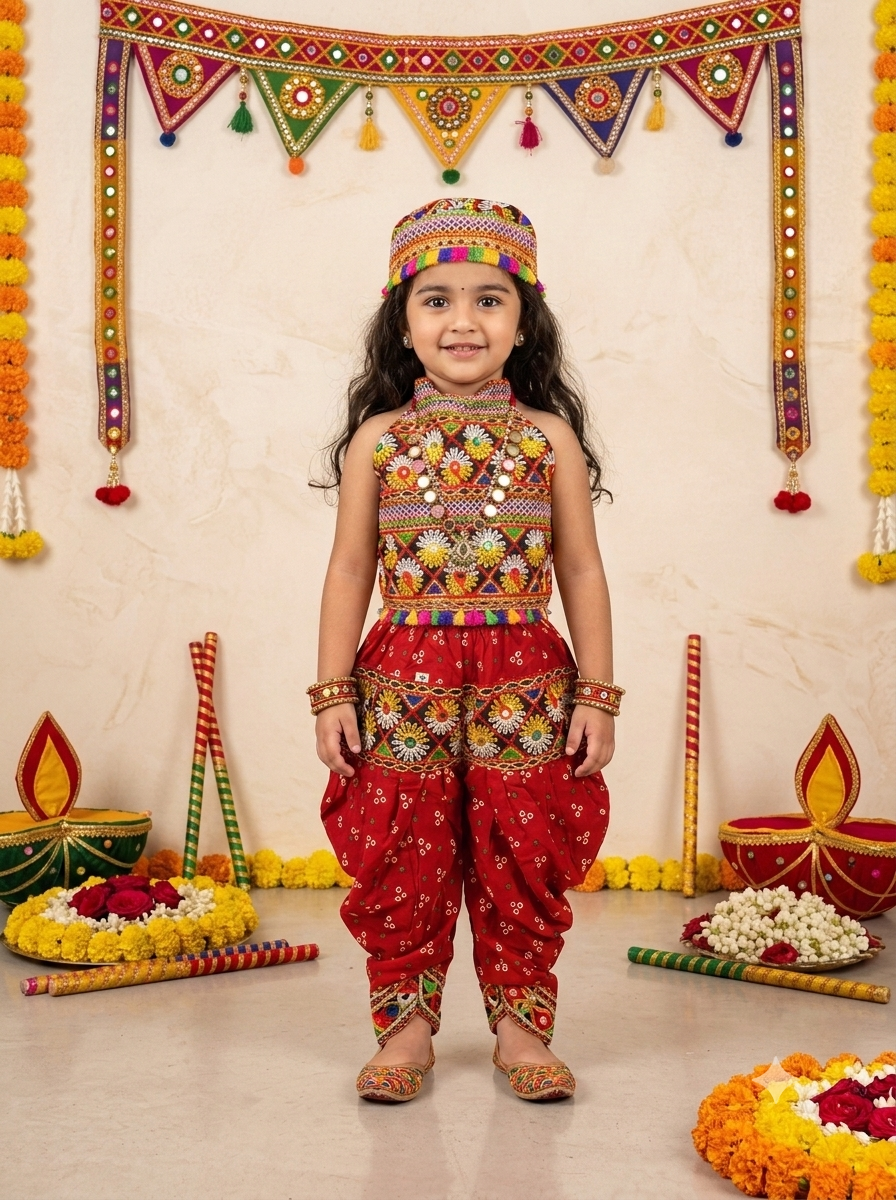 Kid One Navratri Printed Cotton Top Dhoti With Cap Set For Girls Red