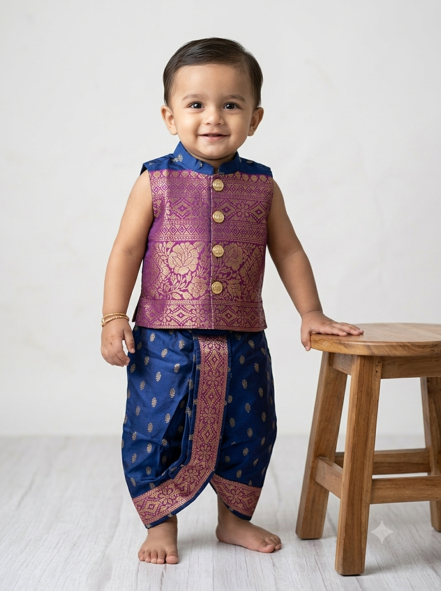 Kid One Jacquard Jacket Dhoti Set For Boys Navy