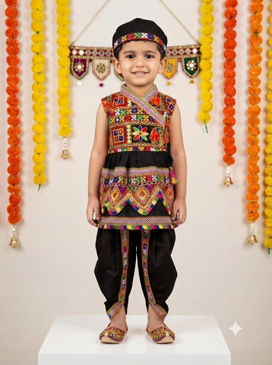 Kid One Infants Navratri Printed Cotton Kedia Set For Boys Black