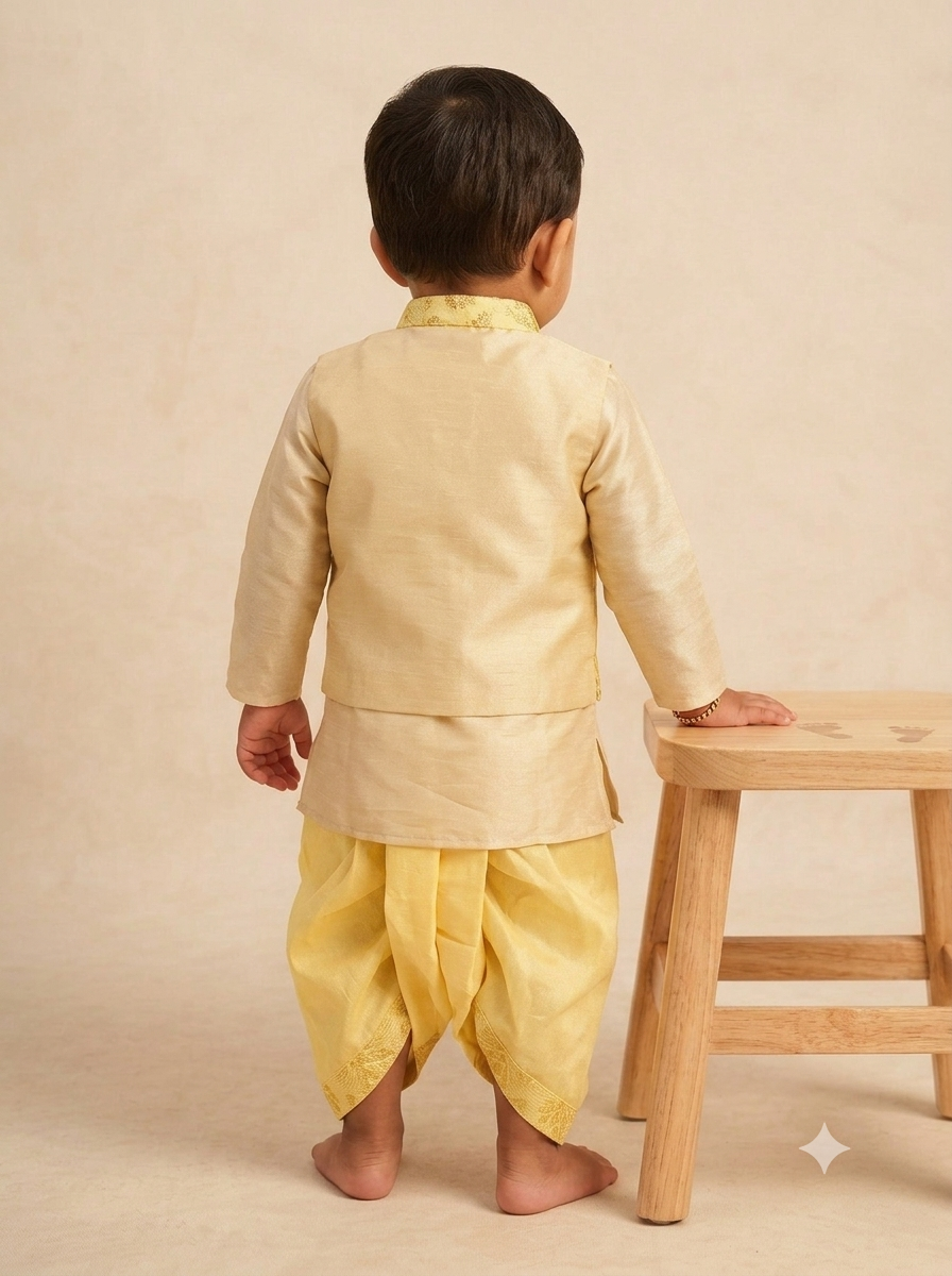 Kid One Infants Jacquard Kurta Dhoti With Attached Jacket Set For Boys Yellow