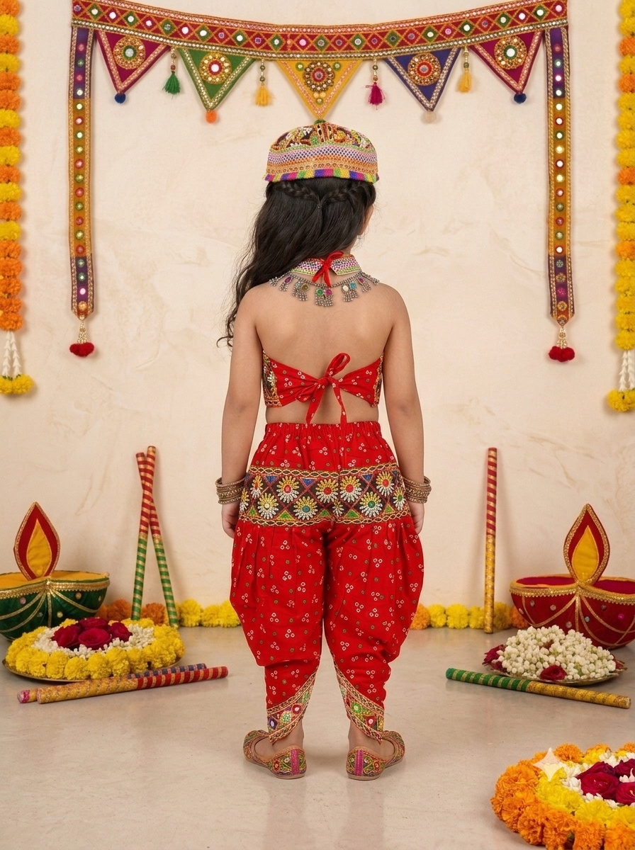 Kid One Navratri Printed Cotton Top Dhoti With Cap Set For Girls Red