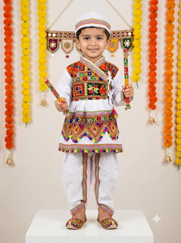 Kid One Navratri Printed Cotton Kedia Set For Boys White