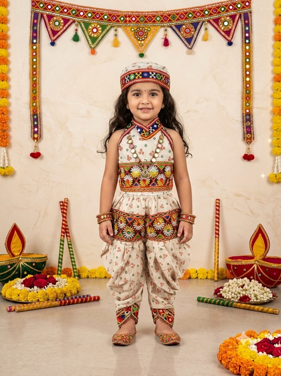 Kid One Navratri Printed Cotton Top Dhoti With Cap Set For Girls White