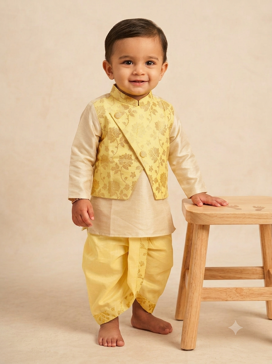 Kid One Infants Jacquard Kurta Dhoti With Attached Jacket Set For Boys Yellow