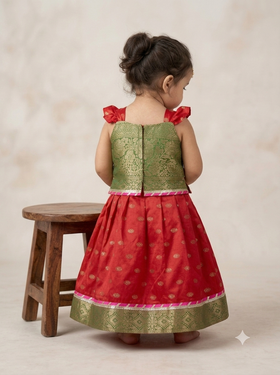 Kid One Jacquard Pattu Pavadai Skirt Top Set For Girls Red