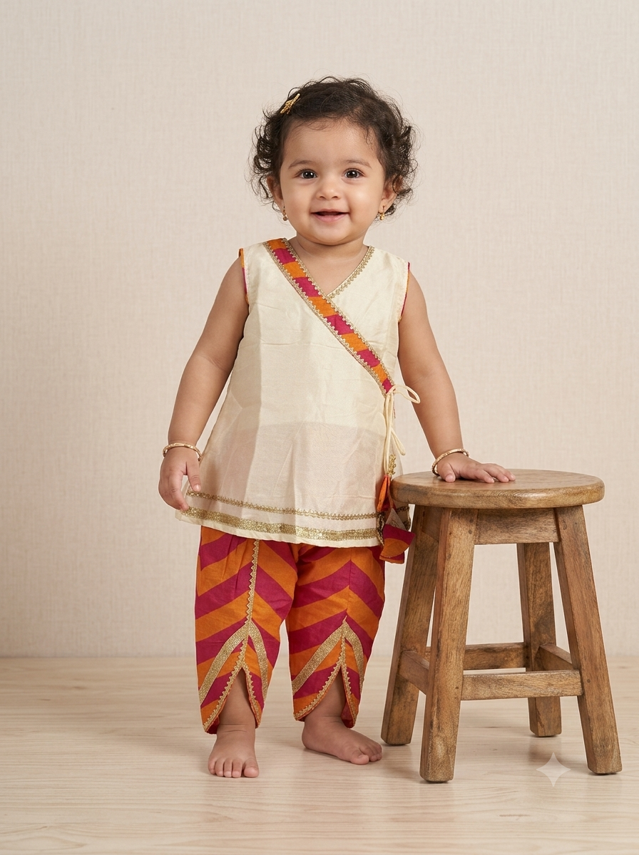 Kid One Angarakha Kurti With Leheriya Dhoti Set For Girls Offwhite
