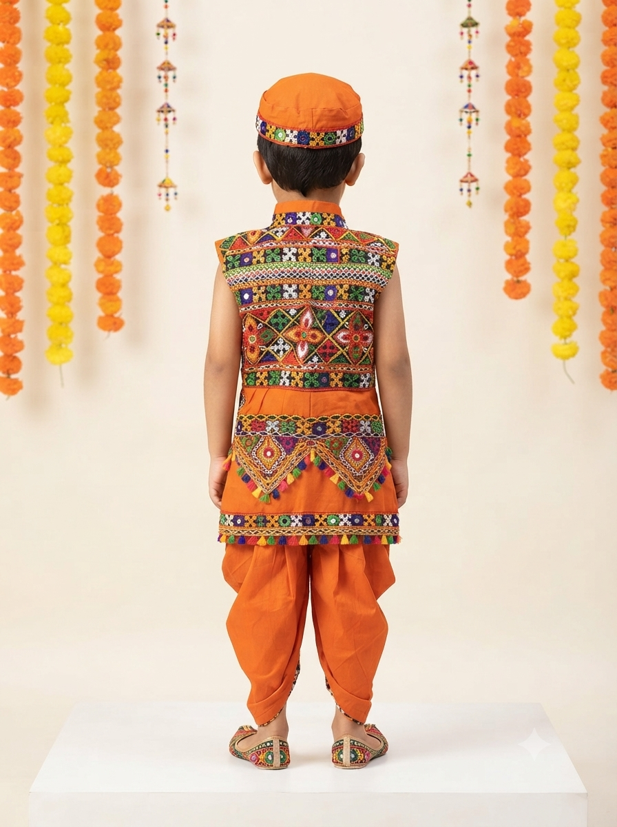 Kid One Infants Navratri Printed Cotton Kedia Set For Boys Orange