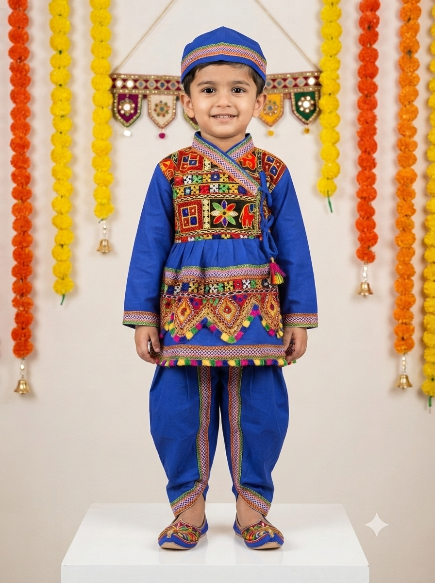 Kid One Navratri Printed Cotton Kedia Set For Boys Blue