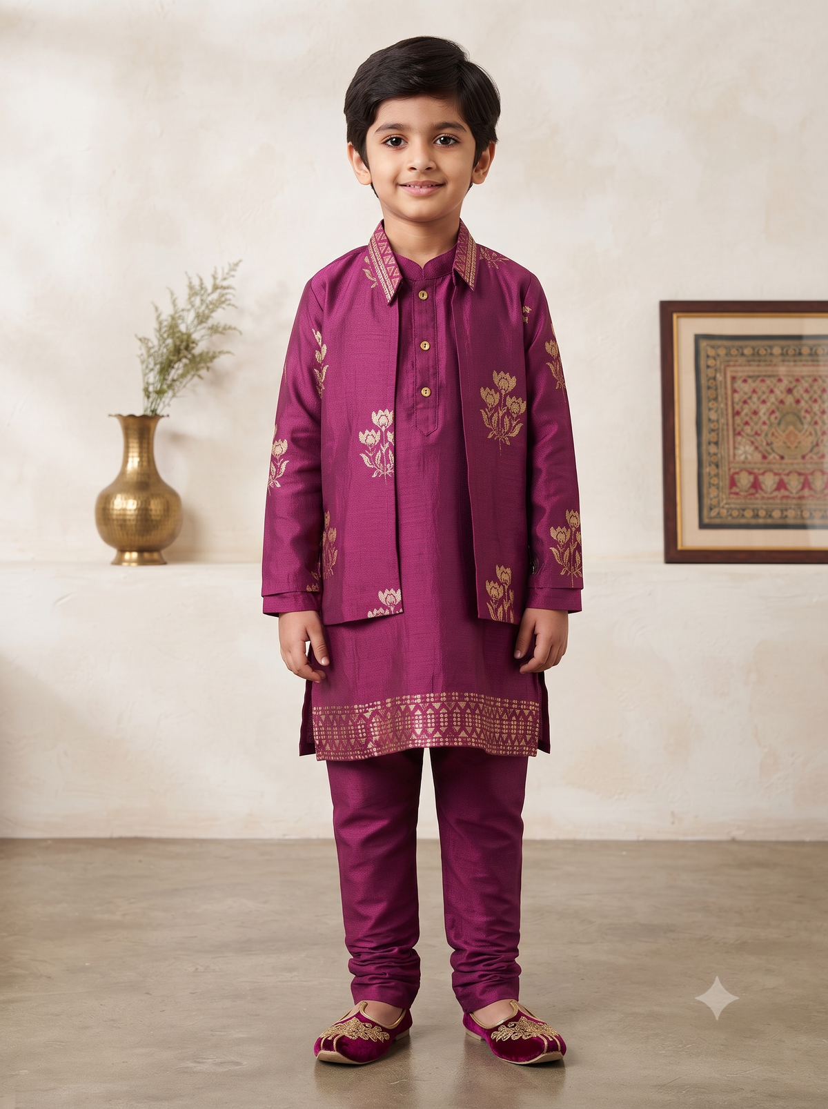 Kid One Block Print Kurta Pyjama With Jacket Set For Boys Wine