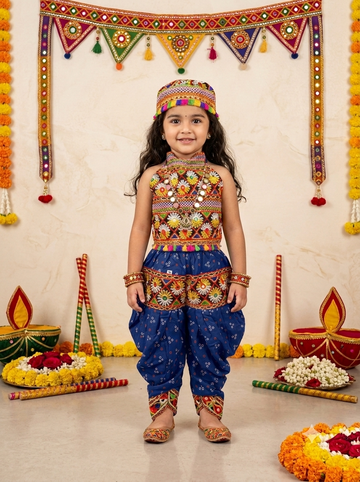 Kid One Navratri Printed Cotton Top Dhoti With Cap Set For Girls Blue