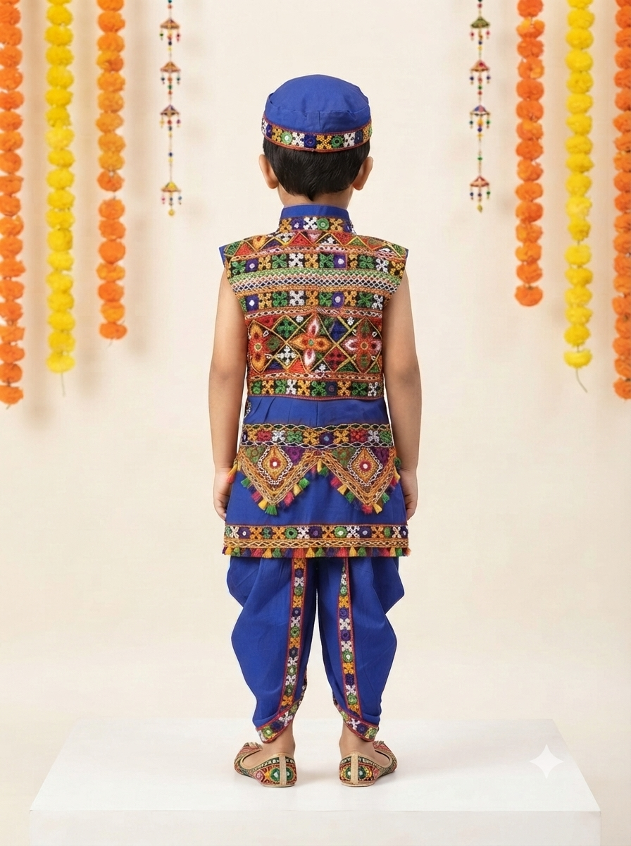 Kid One Infants Navratri Printed Cotton Kedia Set For Boys Blue