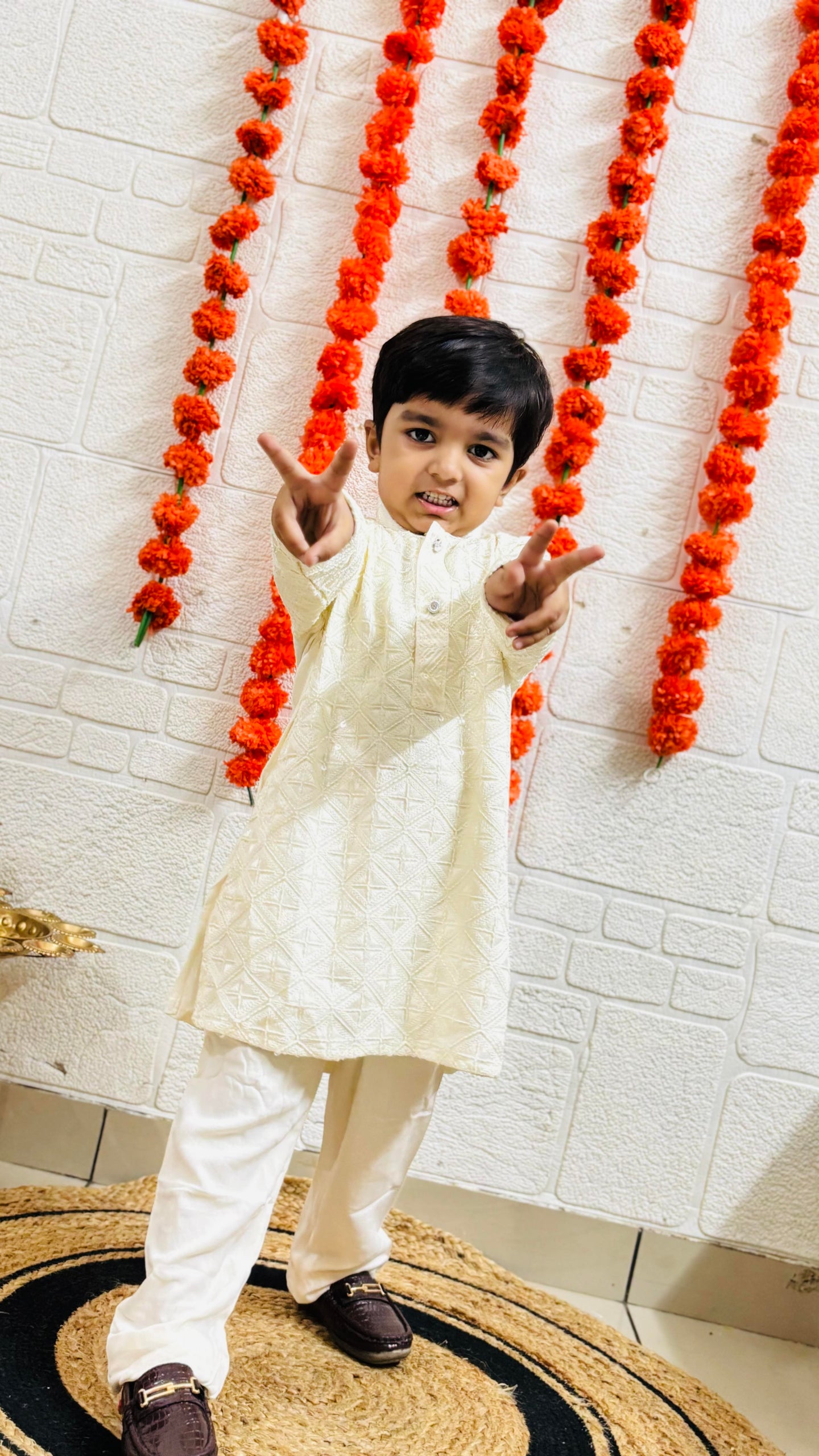 KID1 Sequins Work Kurta Pajama Set Offwhite