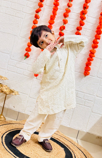 KID1 Sequins Work Kurta Pajama Set Offwhite
