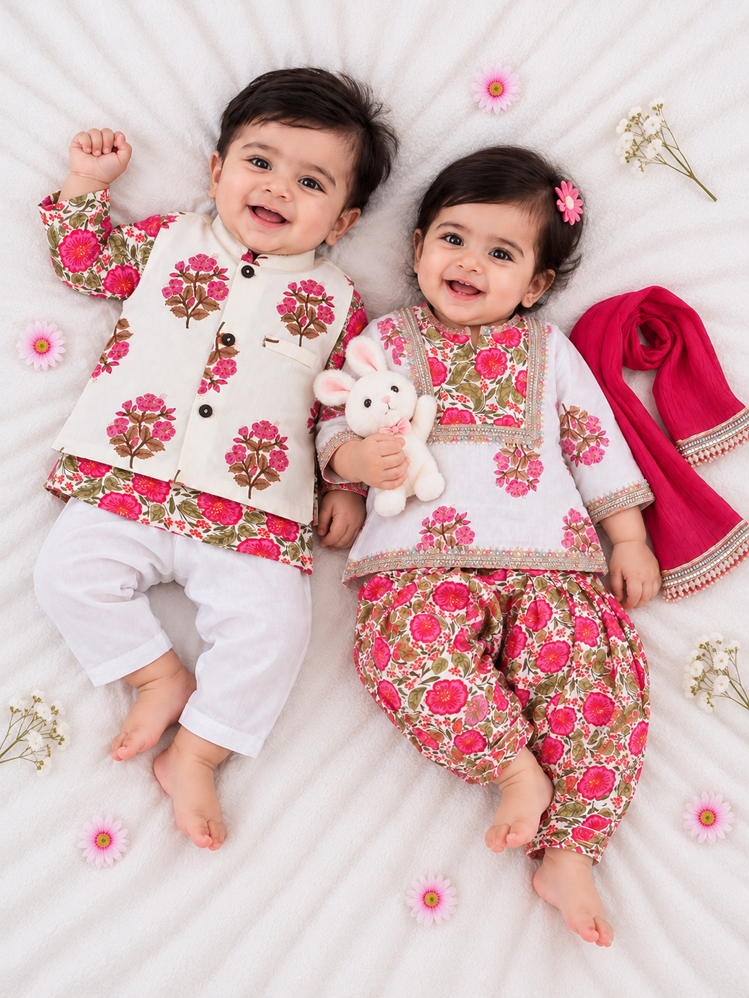 Kid One Infants Floral Printed Kurti Salwar And Dupatta Set With Printed Kurta Pyjama And Jacket Set - Pink