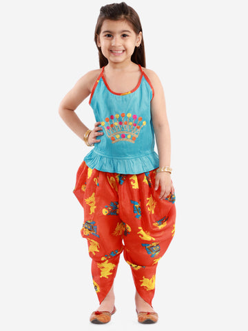 KID1 Crown Embroiderd Top With Animal Print Dhoti Blue