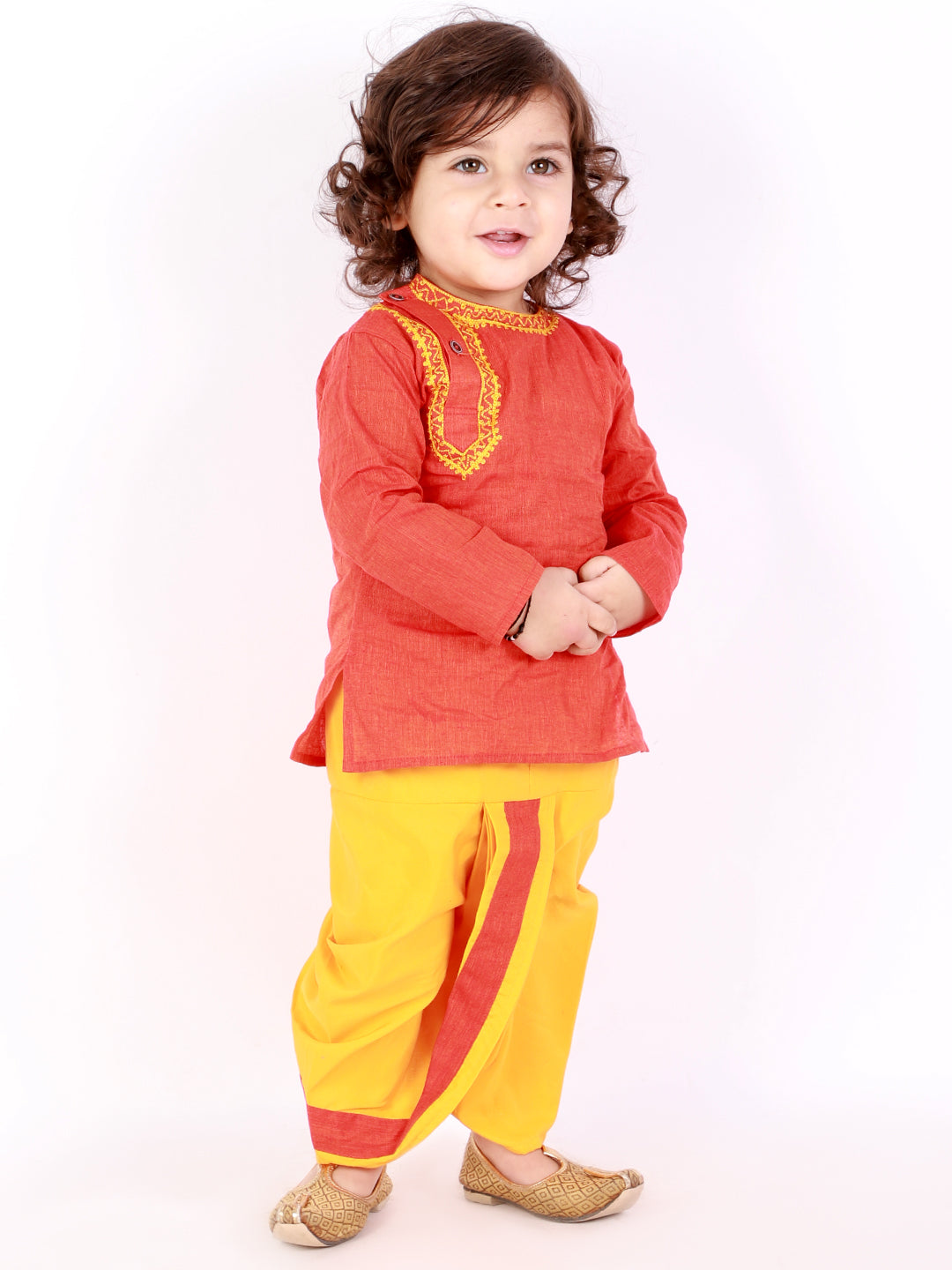 KID1 Embroidered Round Neck Kurta Dhoti Orange
