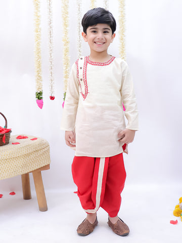 Kid One Embroidered Round Neck Cotton Kurta Dhoti Set For Boys Red