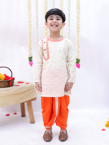 Kid One Embroidered Round Neck Cotton Kurta Dhoti Set For Boys Offwhite