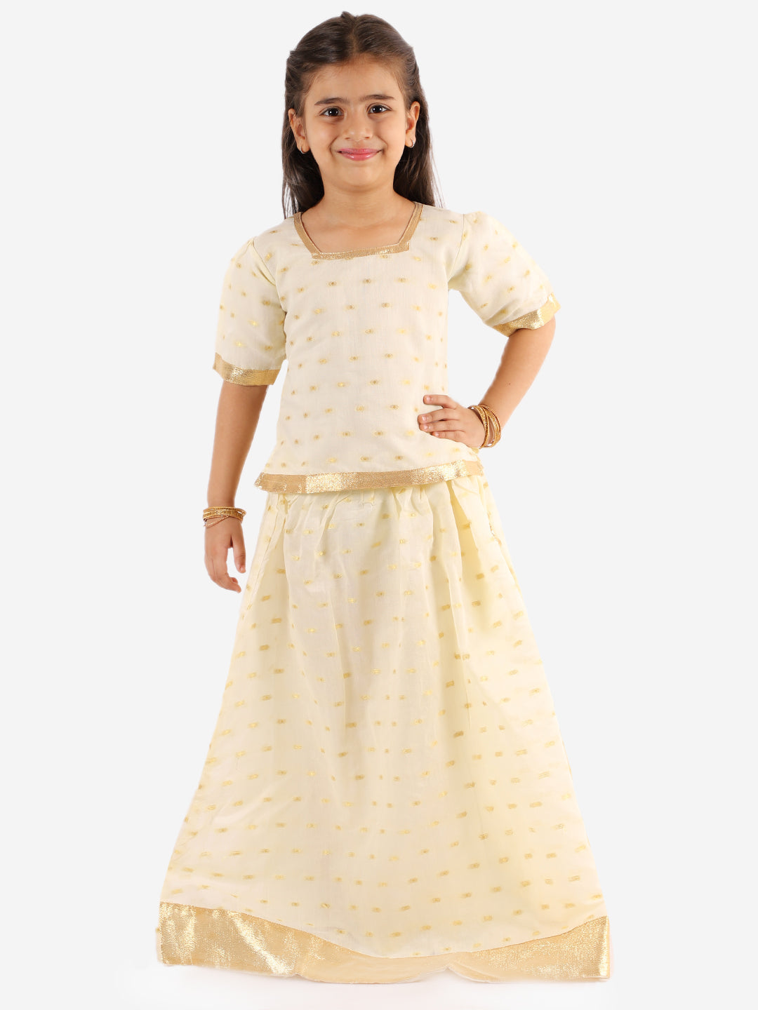 KID1 Gold Weave Jacquard White Pavda Pattu White