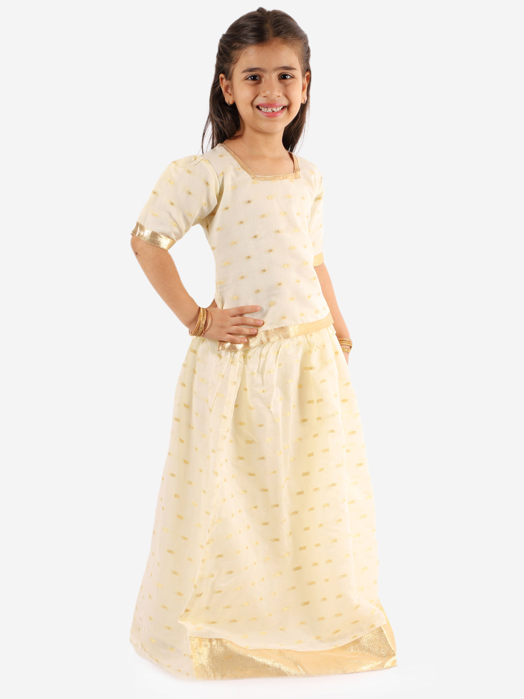 KID1 Gold Weave Jacquard White Pavda Pattu White