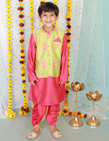 KID1 Veer Jacket With Kurta And Dhoti Green